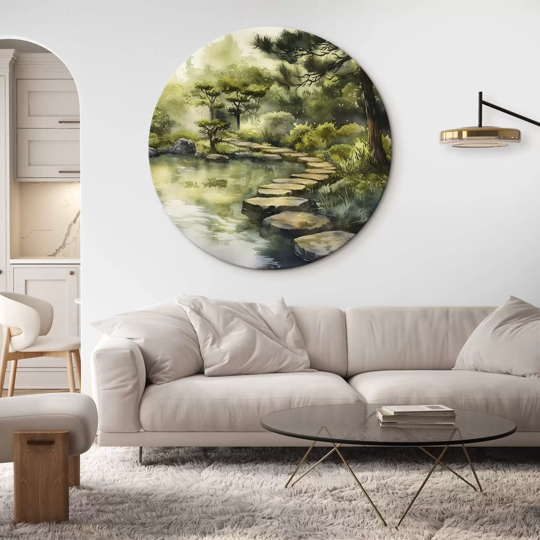  Schilderijen Oosters bos met rotsen, vijver en pijnbomen, groen, aquarelstijl r44311