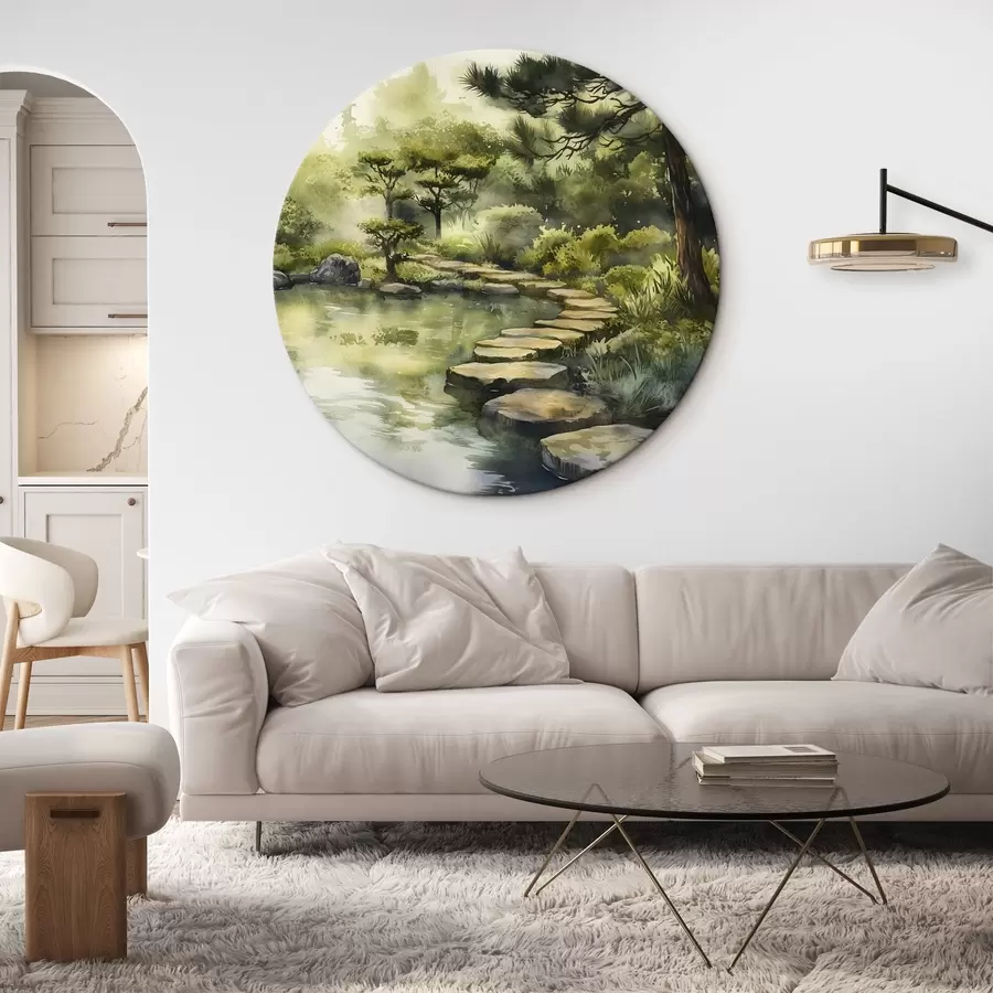  Peintures Forêt orientale avec rochers, étang et pins, verdure, style aquarelle r44311