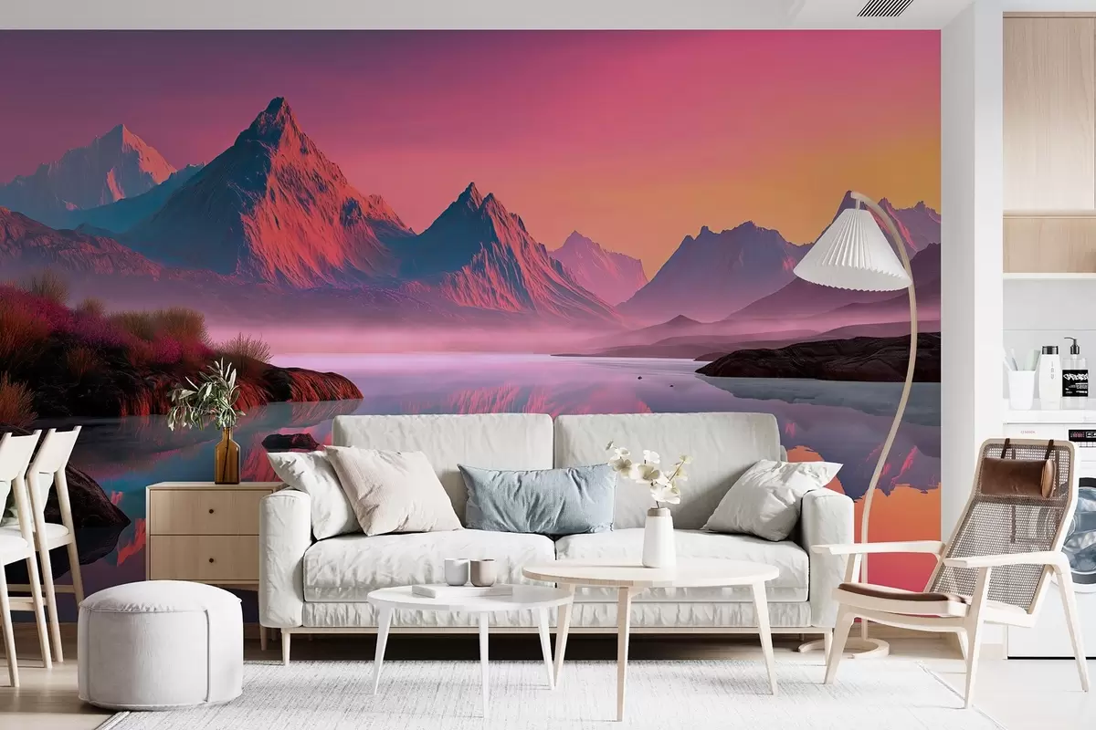 Fotobehang Romantisch landschap bij zonsondergang met een rivier en bergen in roze tinten w09093