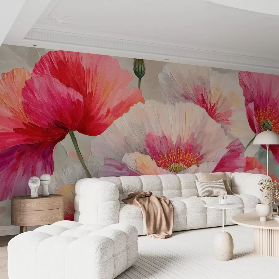  Peintures Coquelicots blancs et rouges dans un style de peinture à l'huile avec des coups de pinceau audacieux w09097