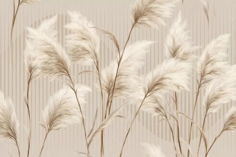 Fotobehang Pampagras tegen een achtergrond van lijnen in beige tinten w09104