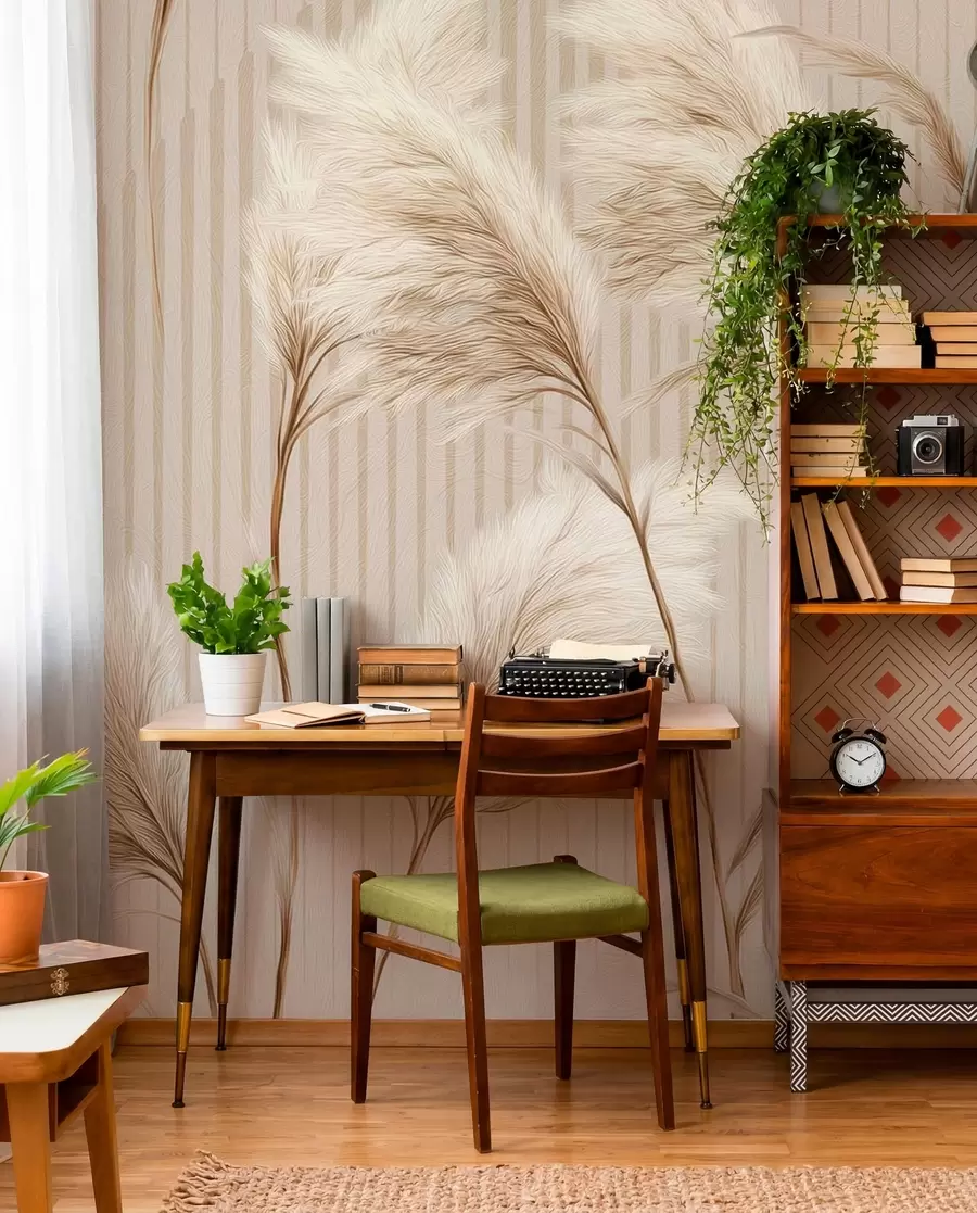 Fotobehang Pampagras tegen een achtergrond van lijnen in beige tinten w09104