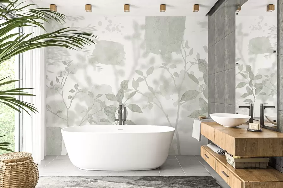 Fotobehang Bomen silhouetten, takken, natuur, aquarel, groene kleuren w03911v1