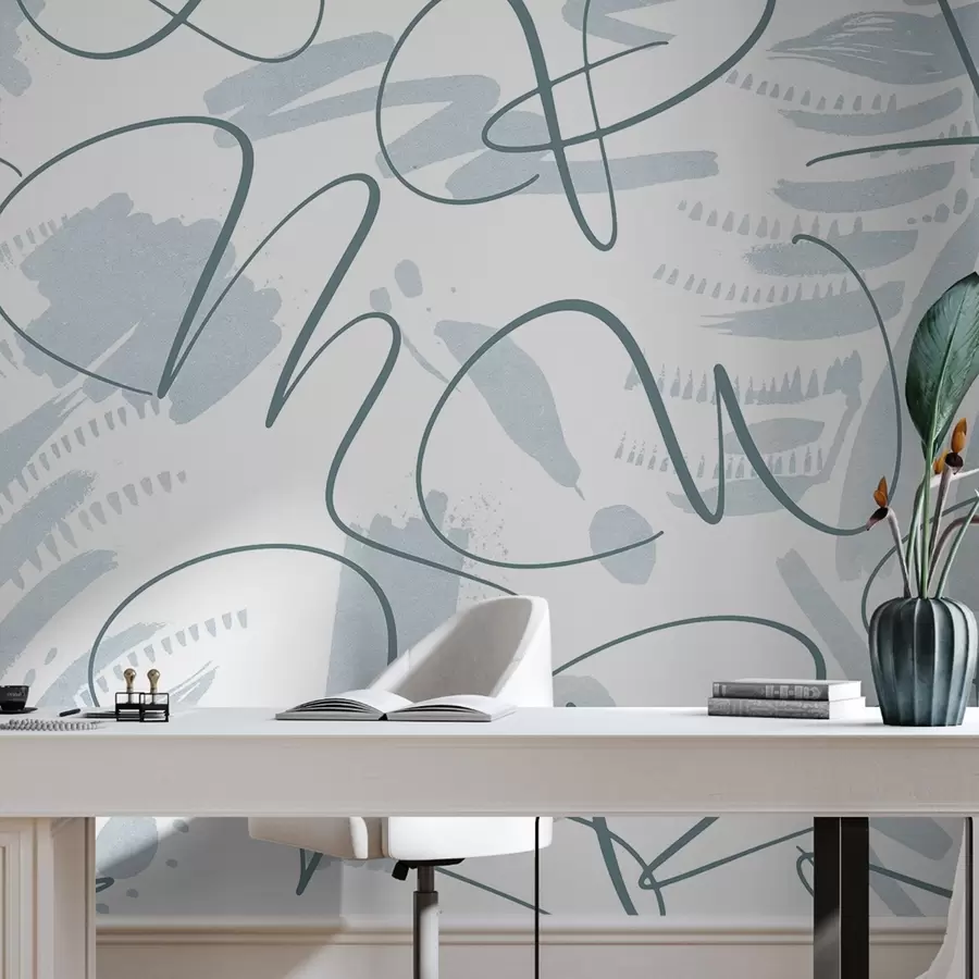 Papier peint photo Abstraction calligraphique avec lettres, coups de pinceau, couleur bleue w03913v1