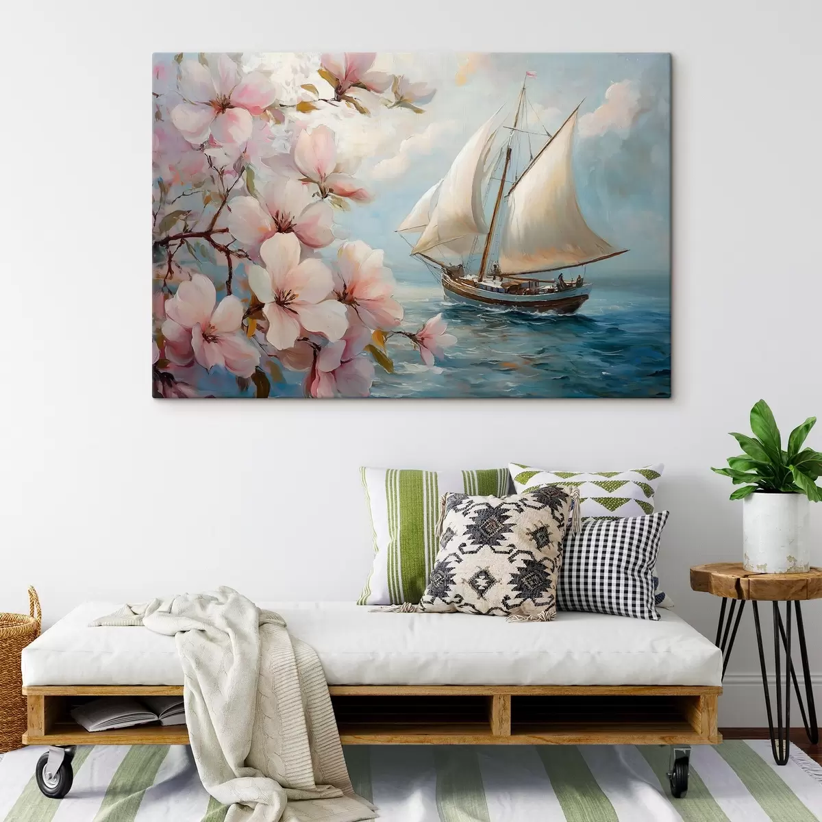  Schilderijen Boot op zee en grote bloemen s44330