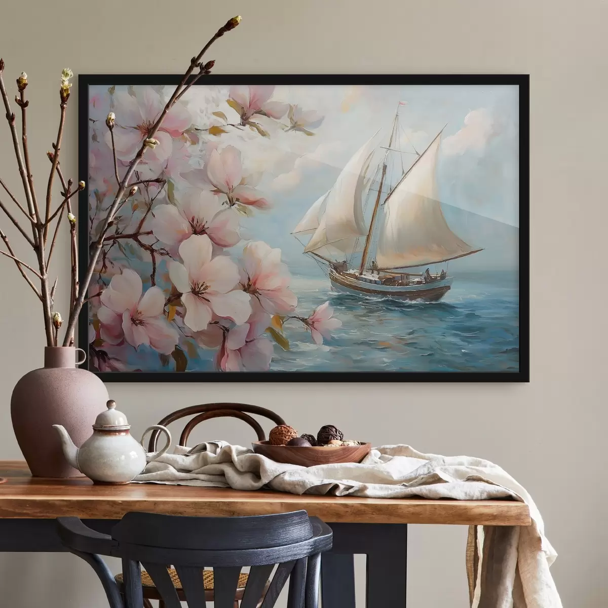 Affiche Bateau sur la mer et grandes fleurs f44330