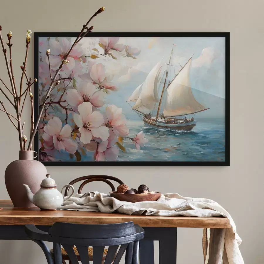 Fotobehang Boot op zee en grote bloemen f44330