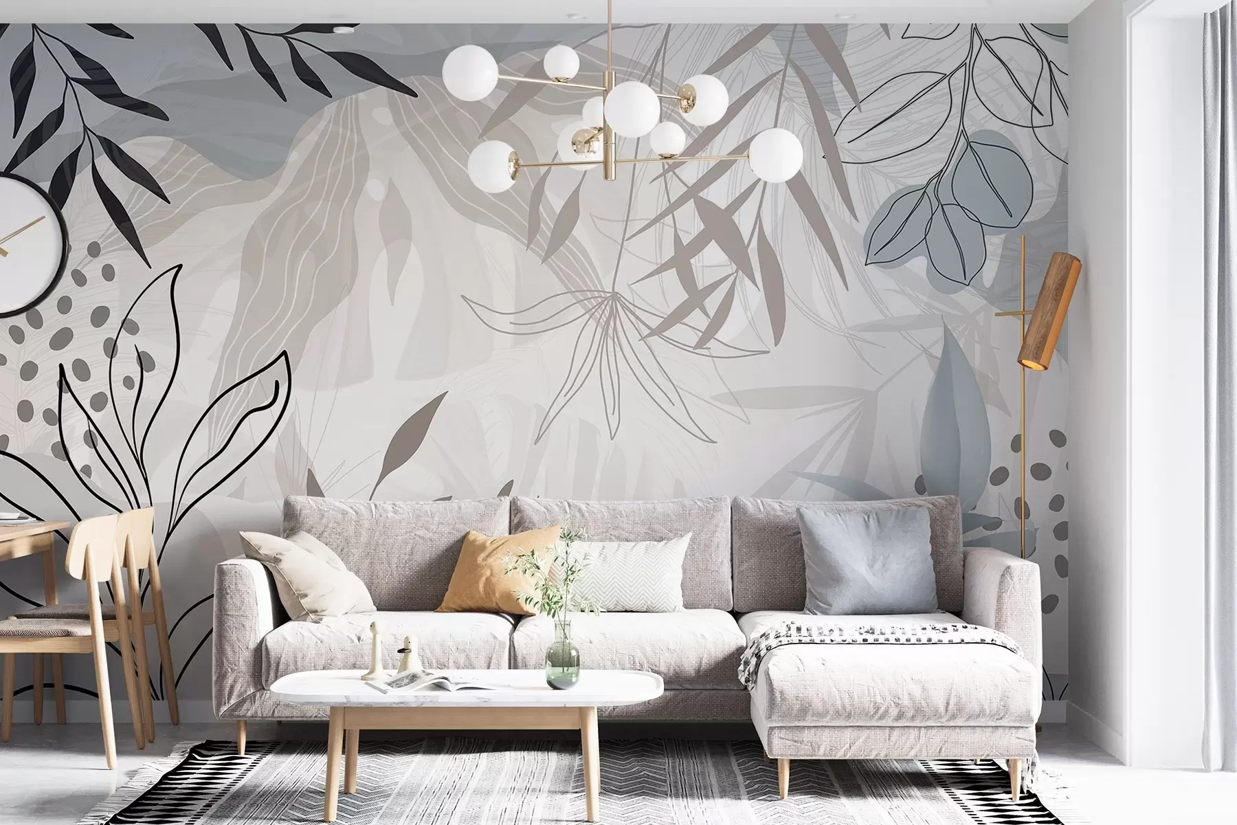 Papier peint photo Motif floral abstrait moderne avec des feuilles pastel beiges, grises, bleues et noires, un dessin au trait délicat et un arrière-plan doux w09105