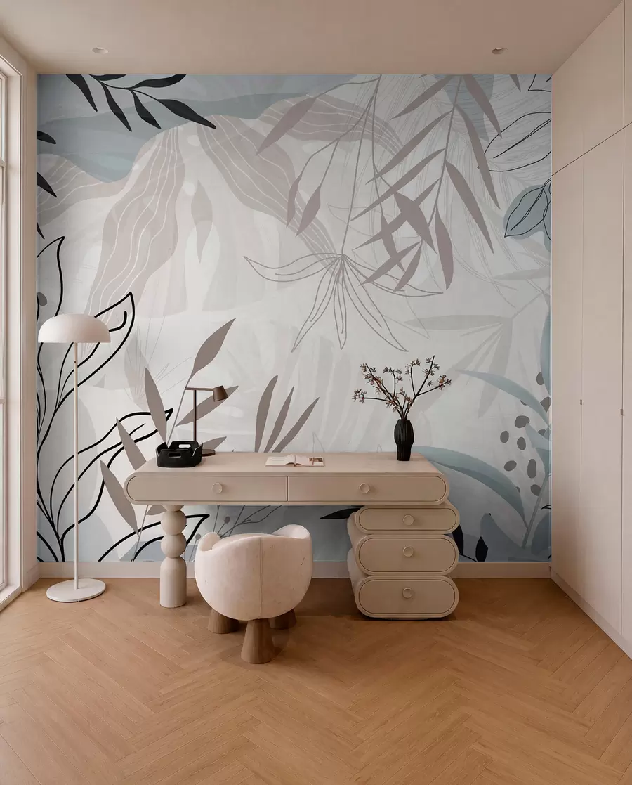 Fotobehang Abstract bloemen modern ontwerp met pastel beige, grijs, blauw en zwarte bladeren, delicate lijn kunst en zachte achtergrond w09105