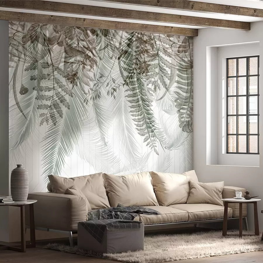 Fotobehang Gevoelige vallende tropische varen en palmbladeren, geometrische achtergrond, zacht licht, gedempte kleuren, elegant w09106v1