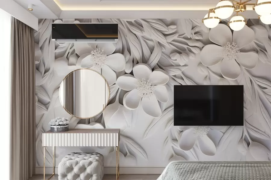 Fotobehang Witte bloemen en bladeren op een witte achtergrond, bloemen elegant, decoratief ontwerp, ingewikkelde details w09113