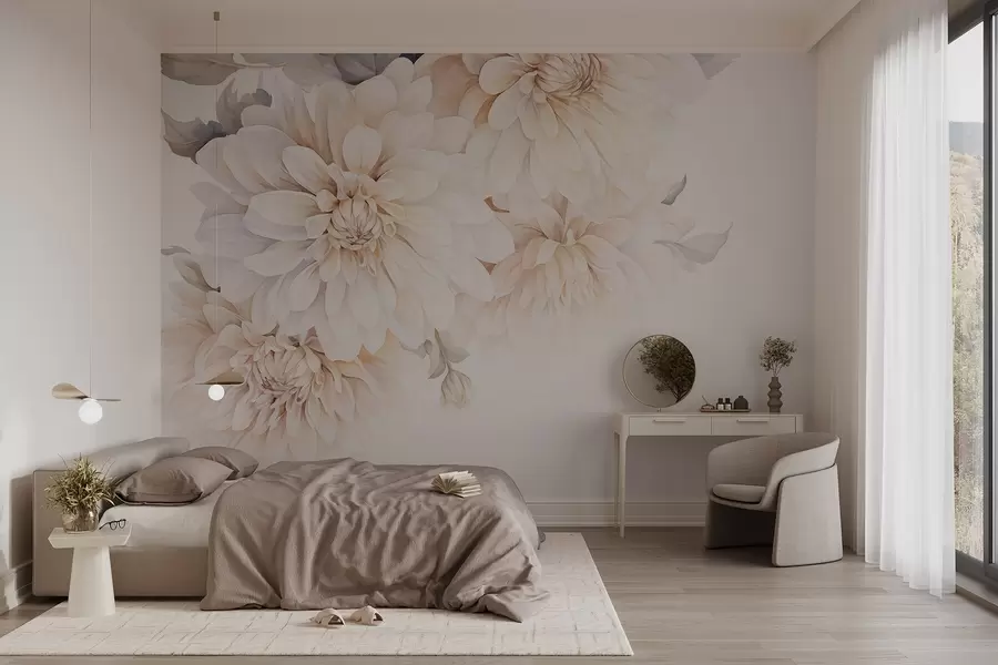 Fotobehang Pastel dahlia's met zachte, delicate perzik en witte lichte bloemblaadjes in aquarel stijl, zachte achtergrond w09115