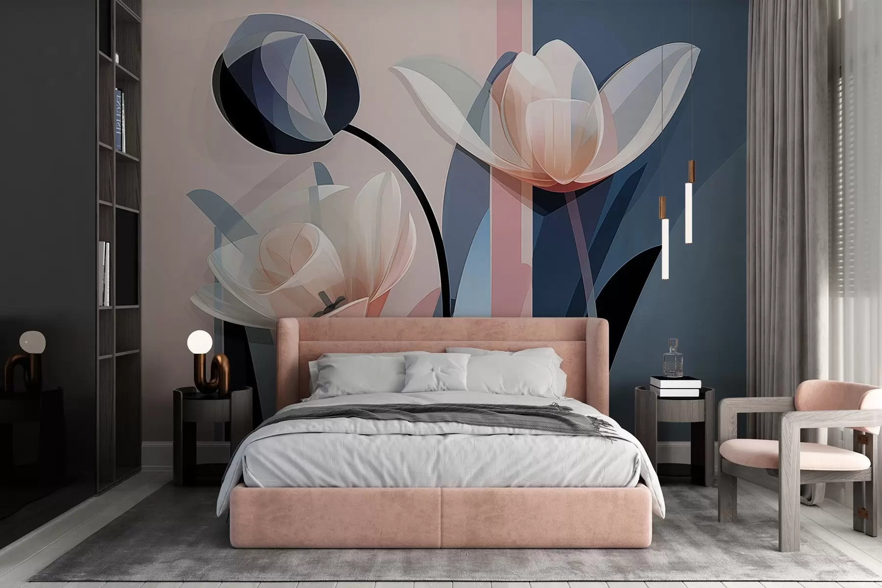 Fotobehang Abstract modern ontwerp met tulpen met transparante bloemblaadjes in pasteltinten roze, wit en donkerblauw w09116