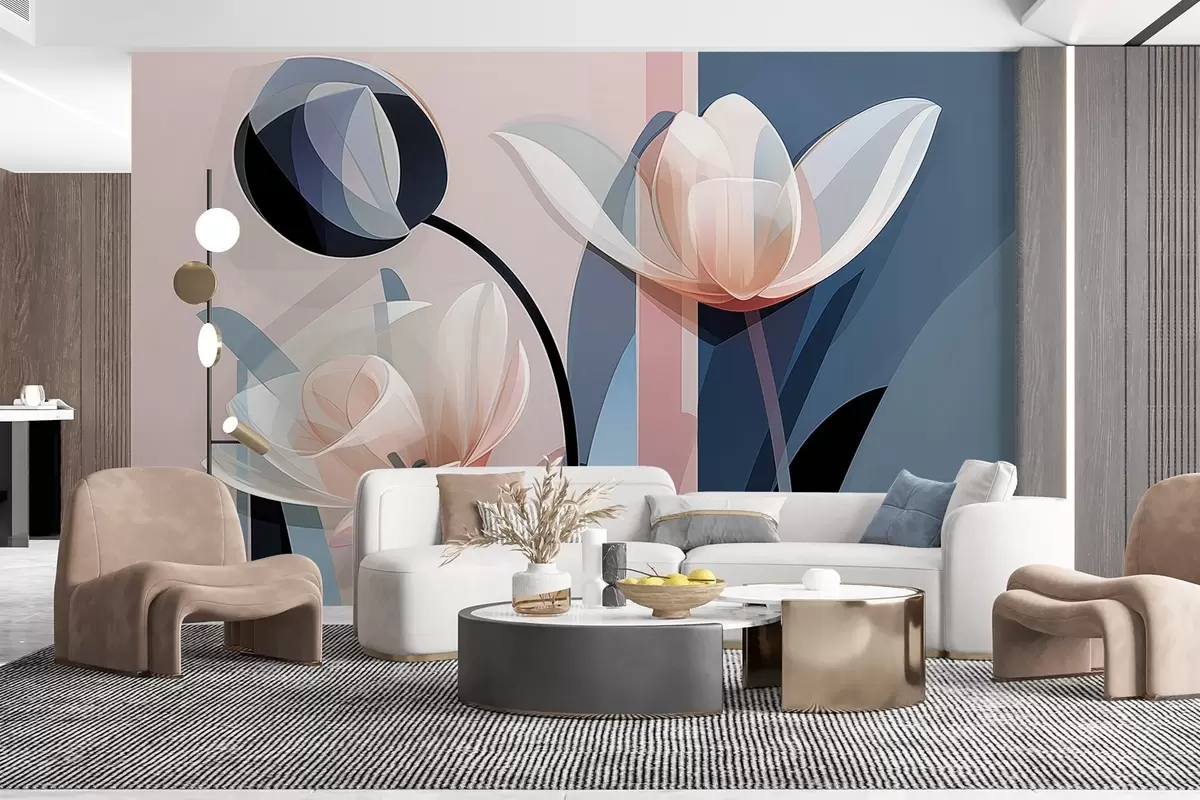 Fotobehang Abstract modern ontwerp met tulpen met transparante bloemblaadjes in pasteltinten roze, wit en donkerblauw w09116