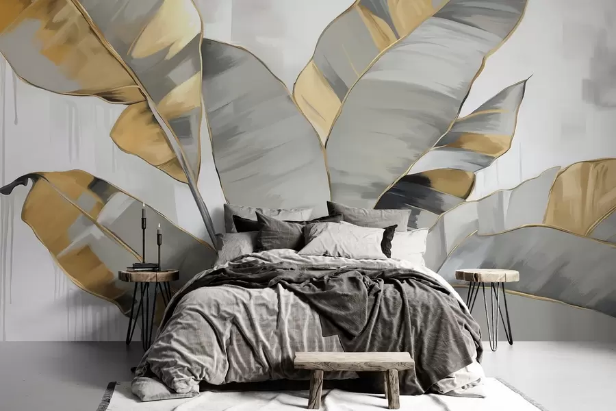 Fotobehang Banaan tropische getextureerde bladeren met grijze en gele tinten, moderne stijl, neutrale achtergrond, decoratief schilderij w09118