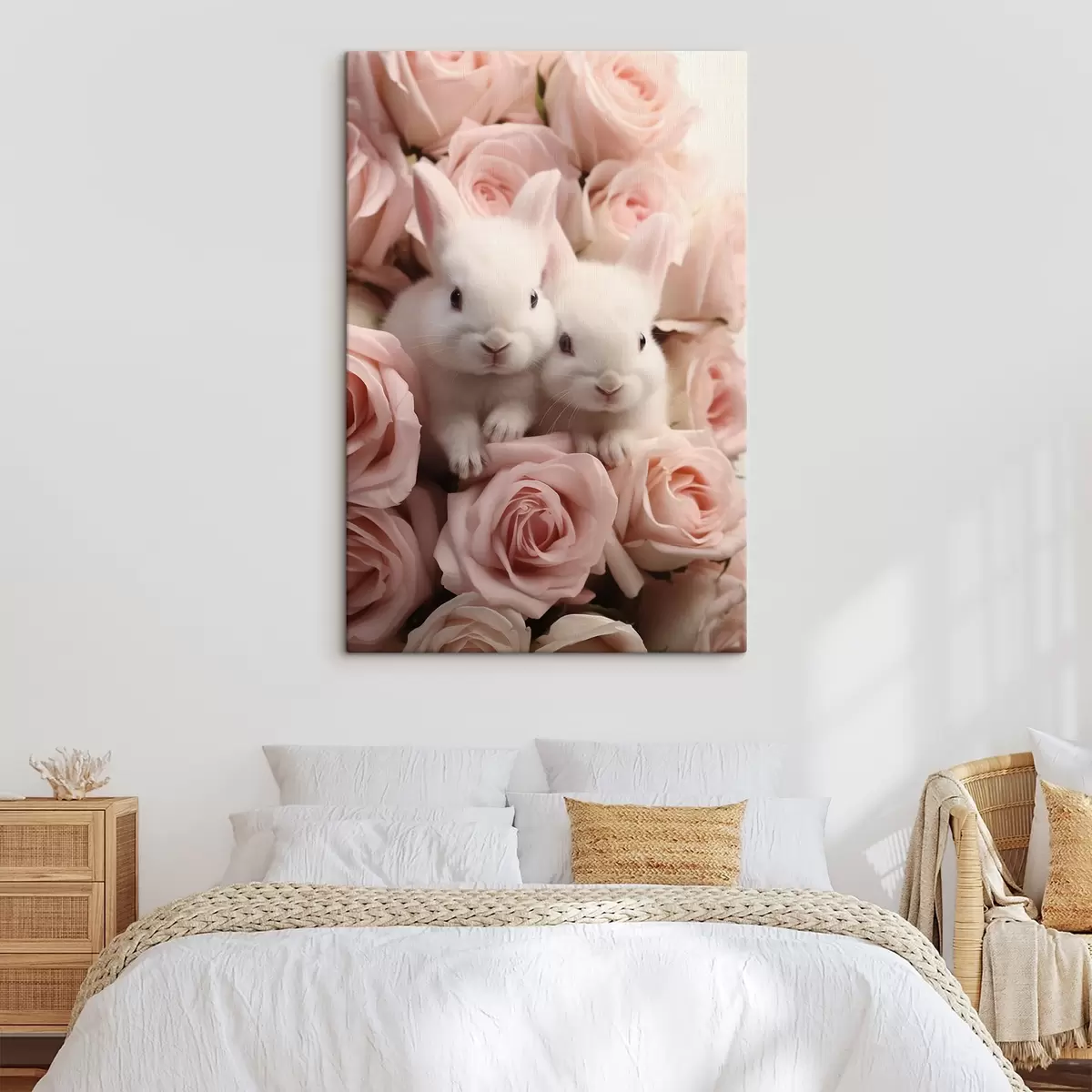  Schilderijen Twee witte konijnen in tere rozenbloemen s44380