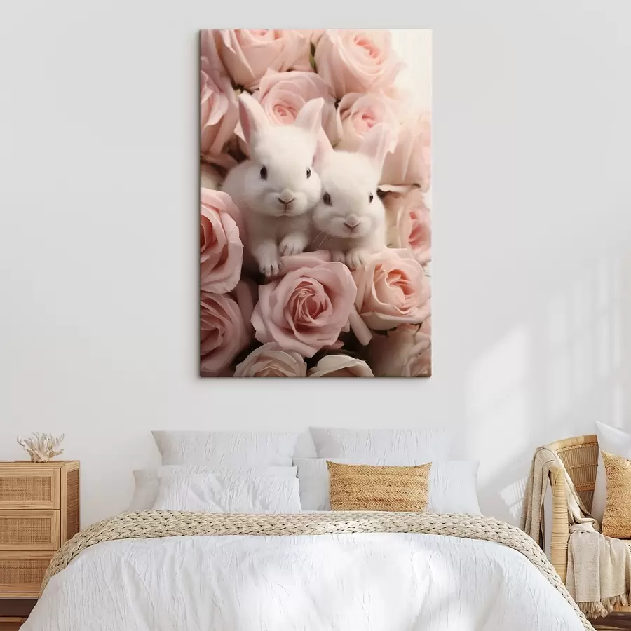  Schilderijen Twee witte konijnen in tere rozenbloemen s44380