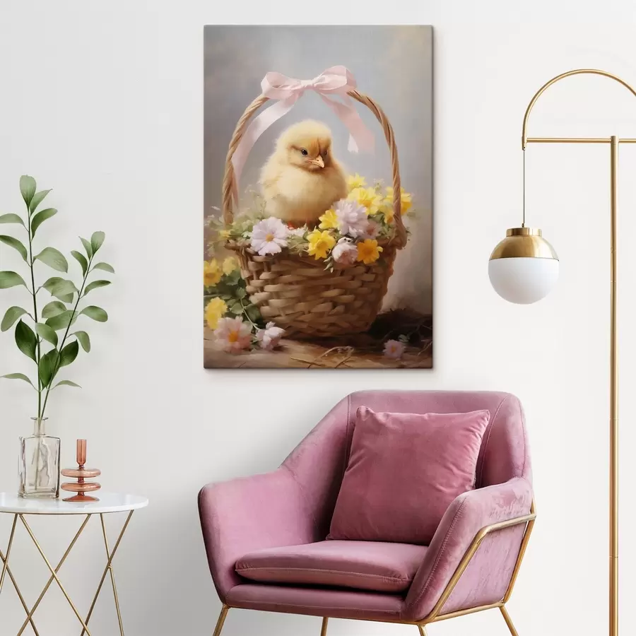  Peintures Poussin jaune dans un panier avec des fleurs sauvages s44384