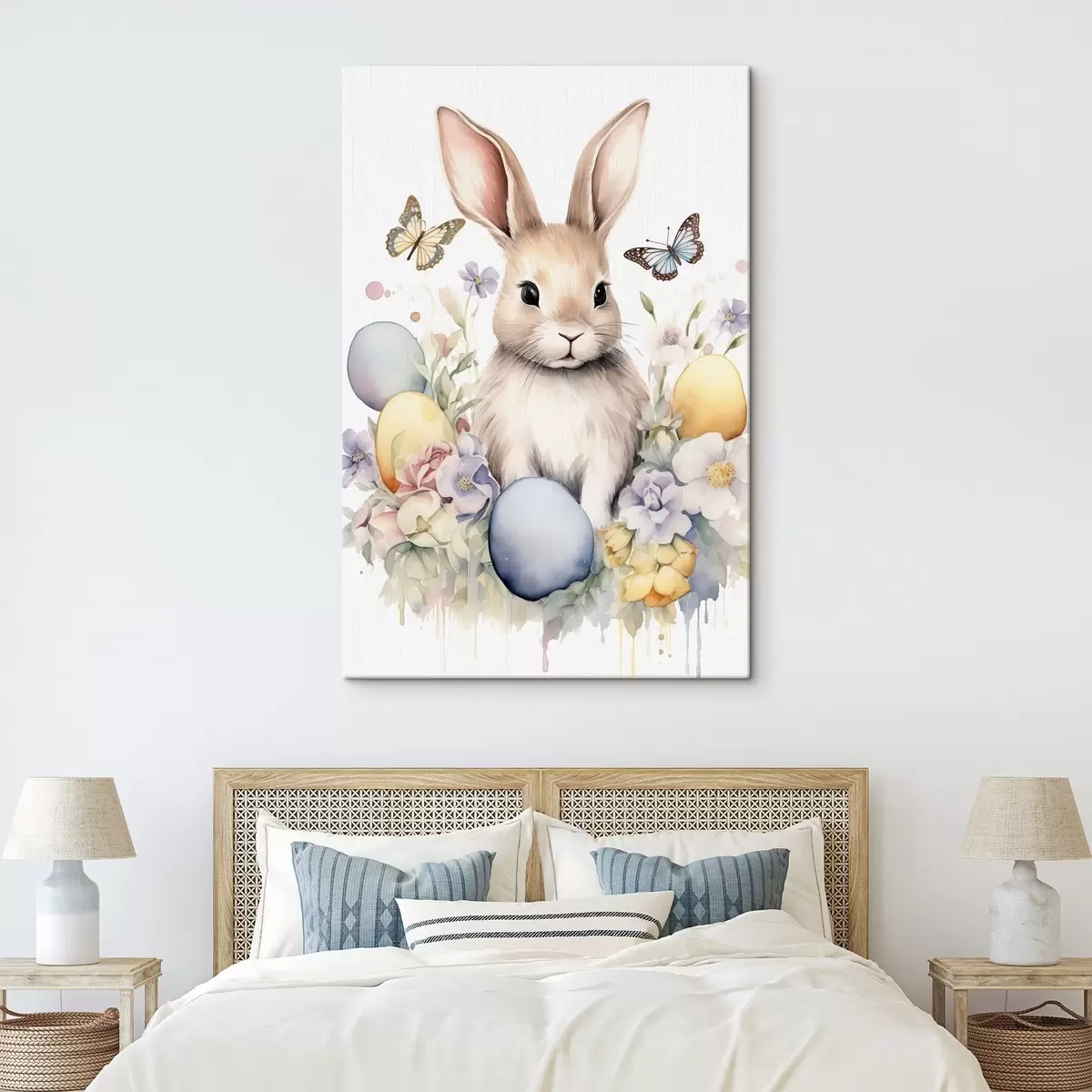  Peintures Lapin mignon en style aquarelle dans des fleurs avec des papillons s44388