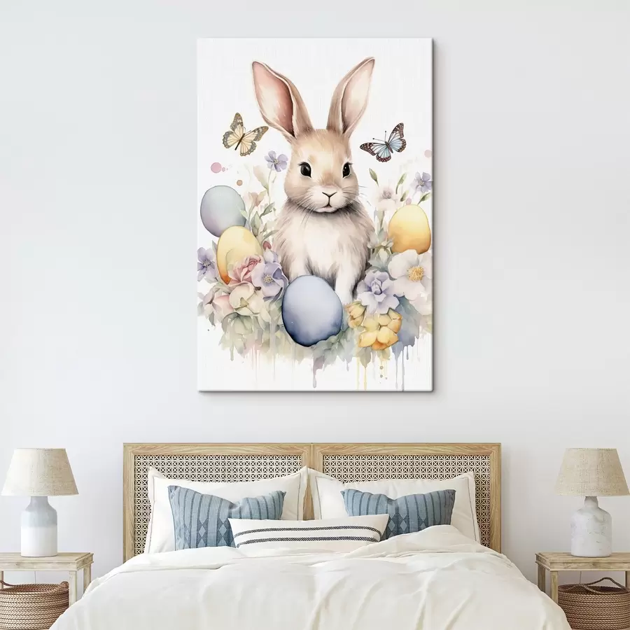  Peintures Lapin mignon en style aquarelle dans des fleurs avec des papillons s44388