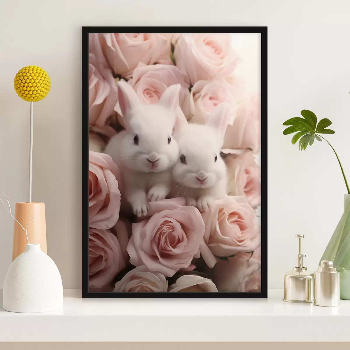 Affiche Deux lapins blancs dans des fleurs de roses délicates f44380