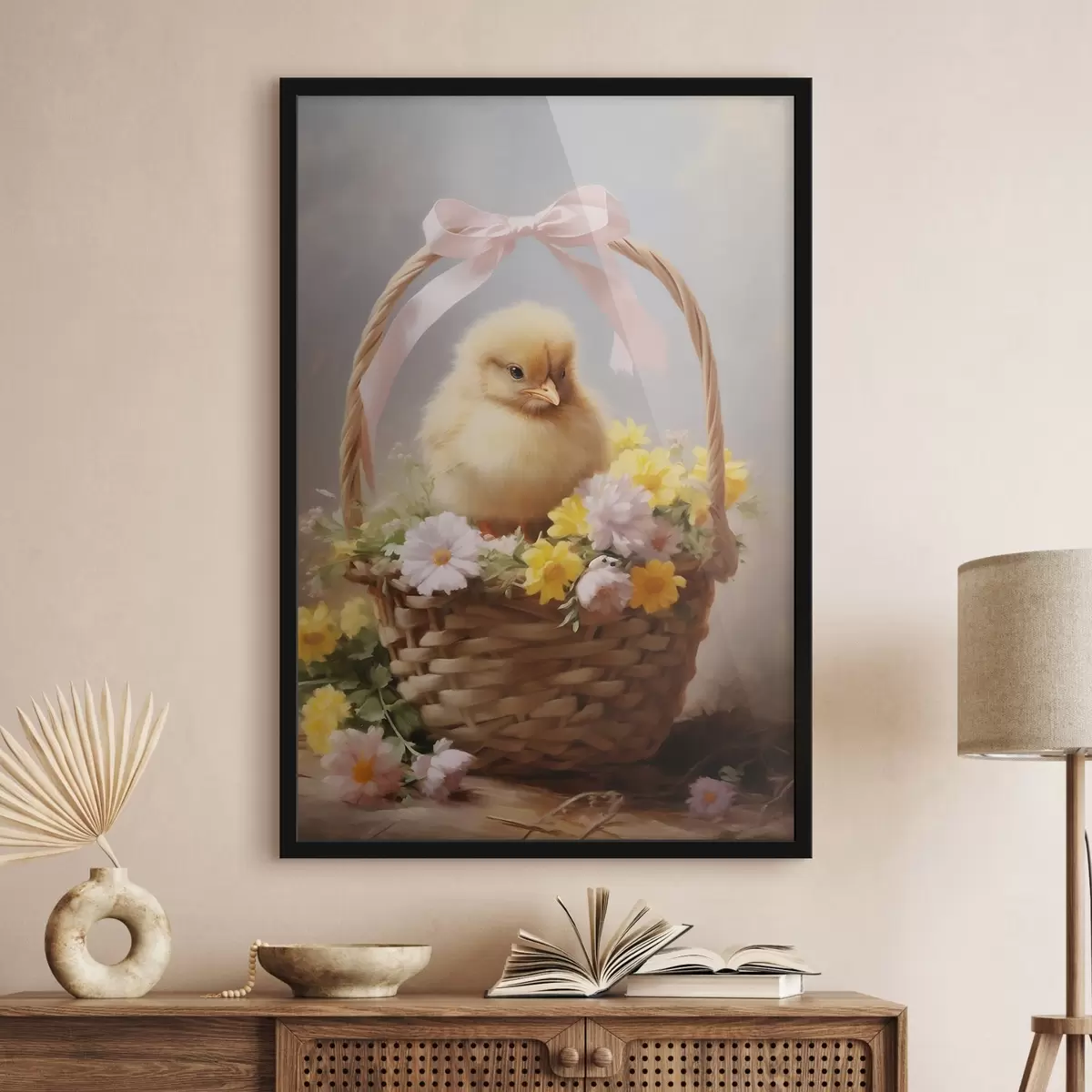 Affiche Poussin jaune dans un panier avec des fleurs sauvages f44384