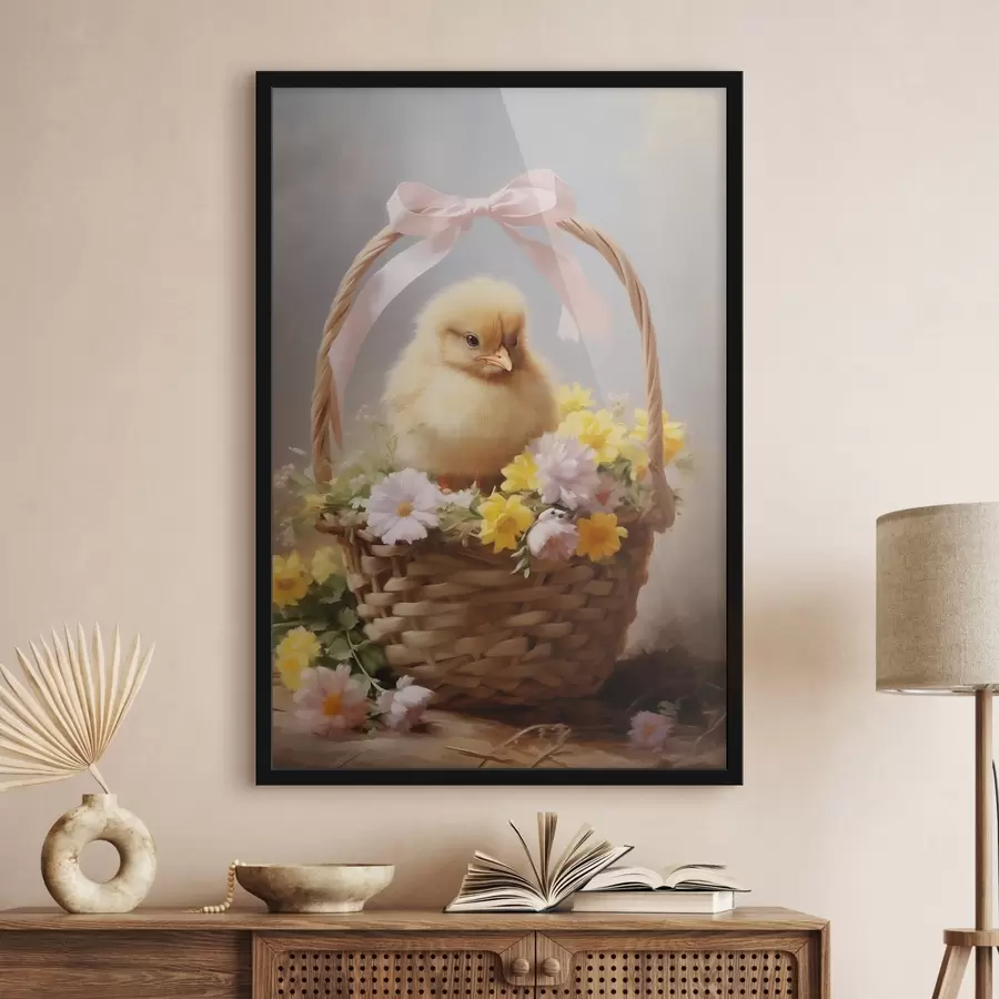 Papier peint photo Poussin jaune dans un panier avec des fleurs sauvages f44384
