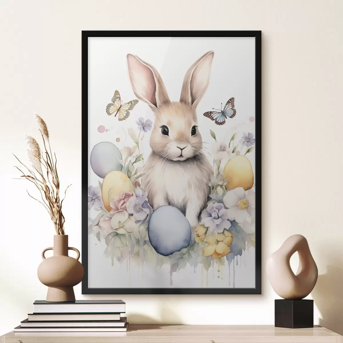 Affiche Lapin mignon en style aquarelle dans des fleurs avec des papillons f44388