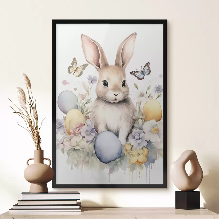 Papier peint photo Lapin mignon en style aquarelle dans des fleurs avec des papillons f44388