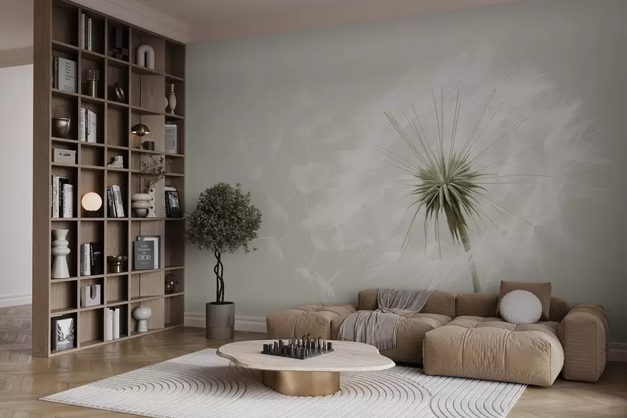 Fotobehang Moderne zachte bloemencompositie met een uitgebloeide paardenbloem en drijvende zaadjes tegen een delicate textielachtige textuur w03939v1