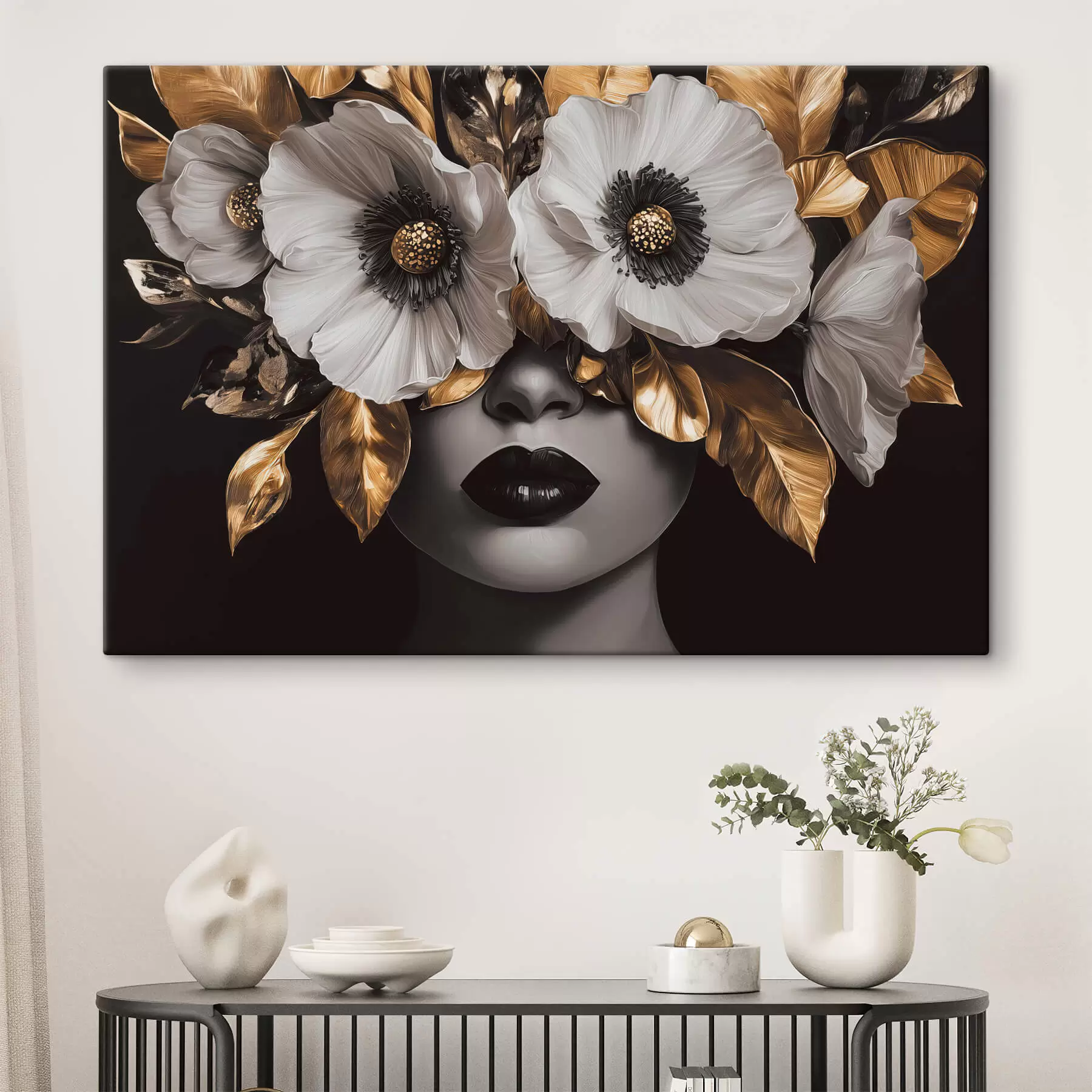 Fotobehang Semi-abstract portret van een vrouw met bloemen s44365