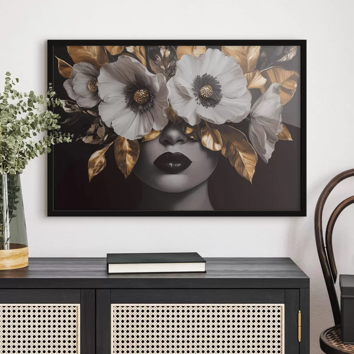 Poster Semi-abstract portret van een vrouw met bloemen f44365