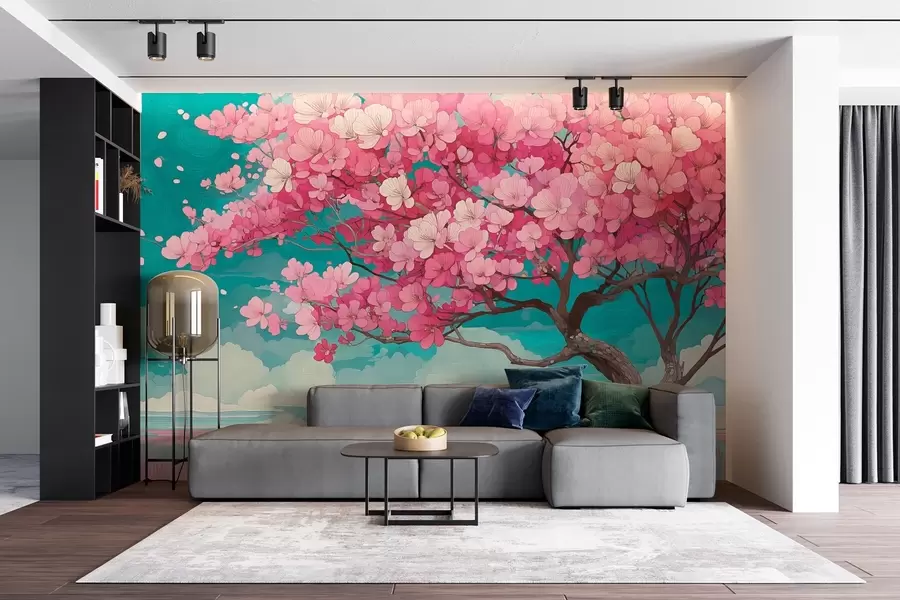 Fotobehang Een roze kersenbloesemboom met vallende bloemblaadjes en een blauwe lucht in een romantische stijl w09120