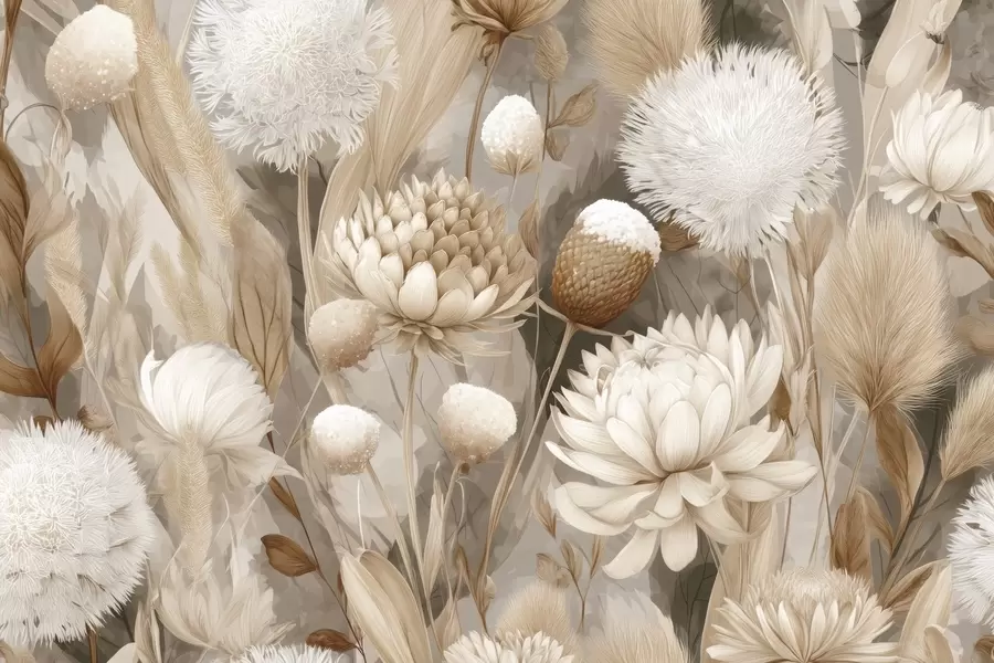 Fotobehang Boho harmonie: Bloemen met structuur in beige en crèmetinten w09121