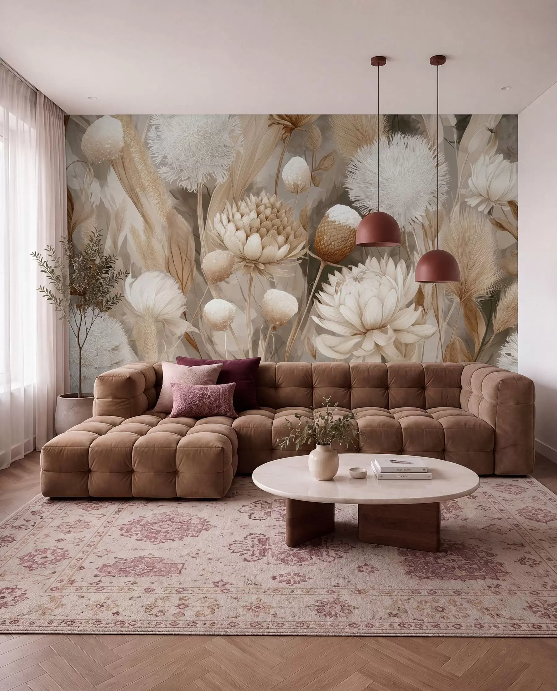 Fotobehang Boho harmonie: Bloemen met structuur in beige en crèmetinten w09121