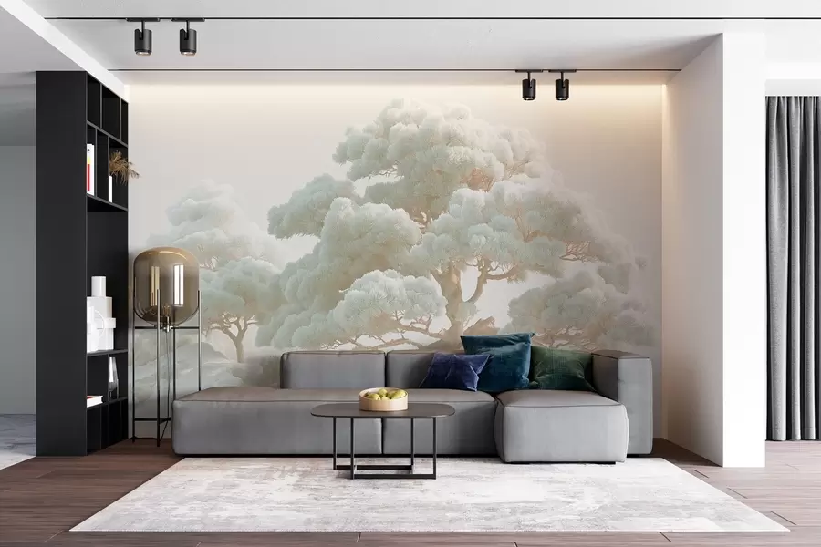 Fotobehang Dennenbomen in de mist in zachte tinten staand in een bos w09122