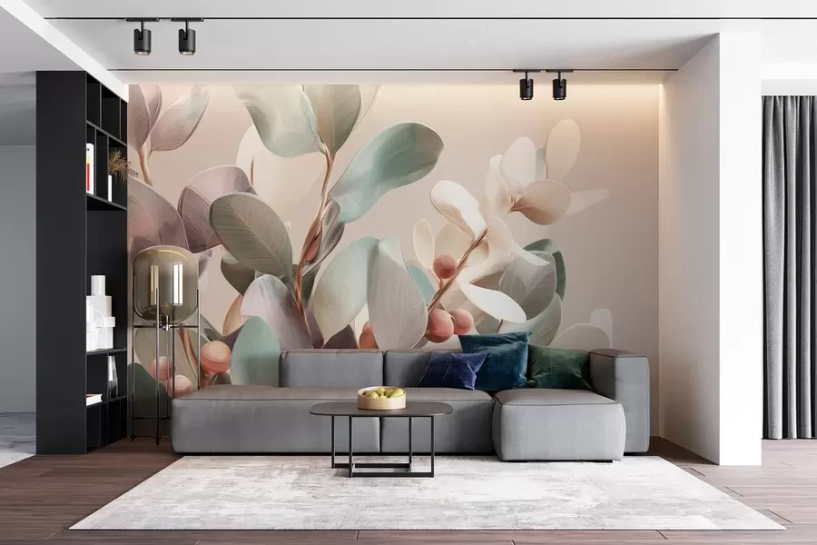 Fotobehang Planten met bessen in lichte pasteltinten w09128