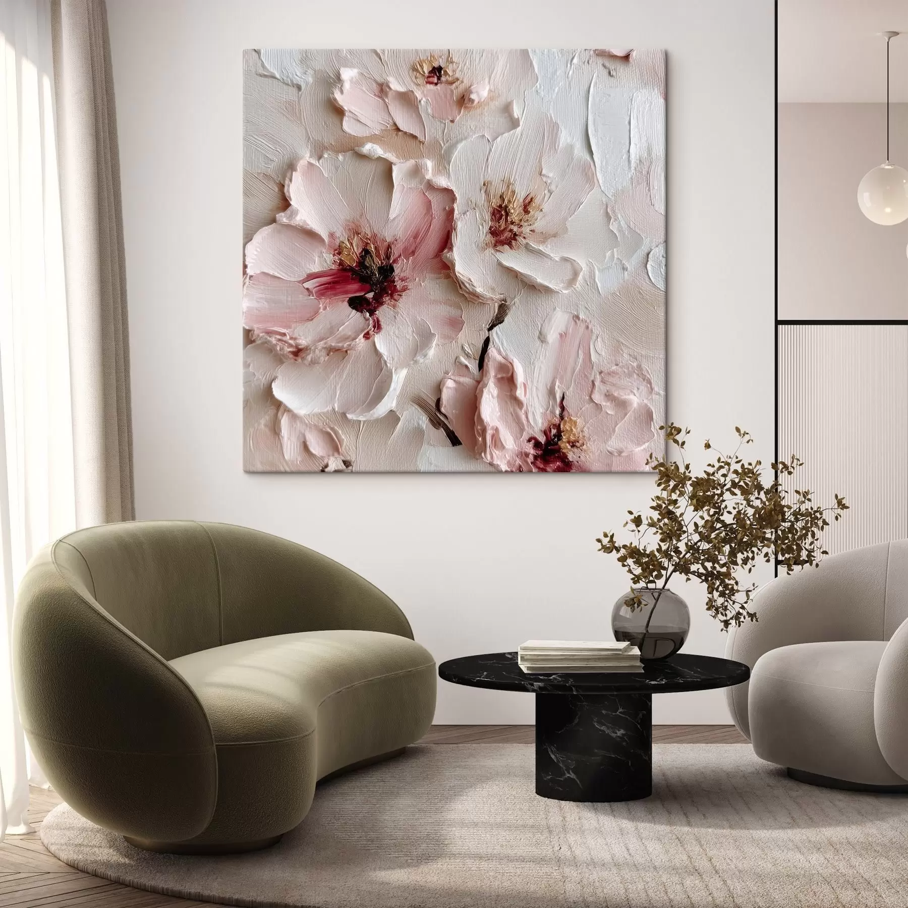 Papier peint photo Fleurs avec imitation de style impasto en traits roses et blancs s44333