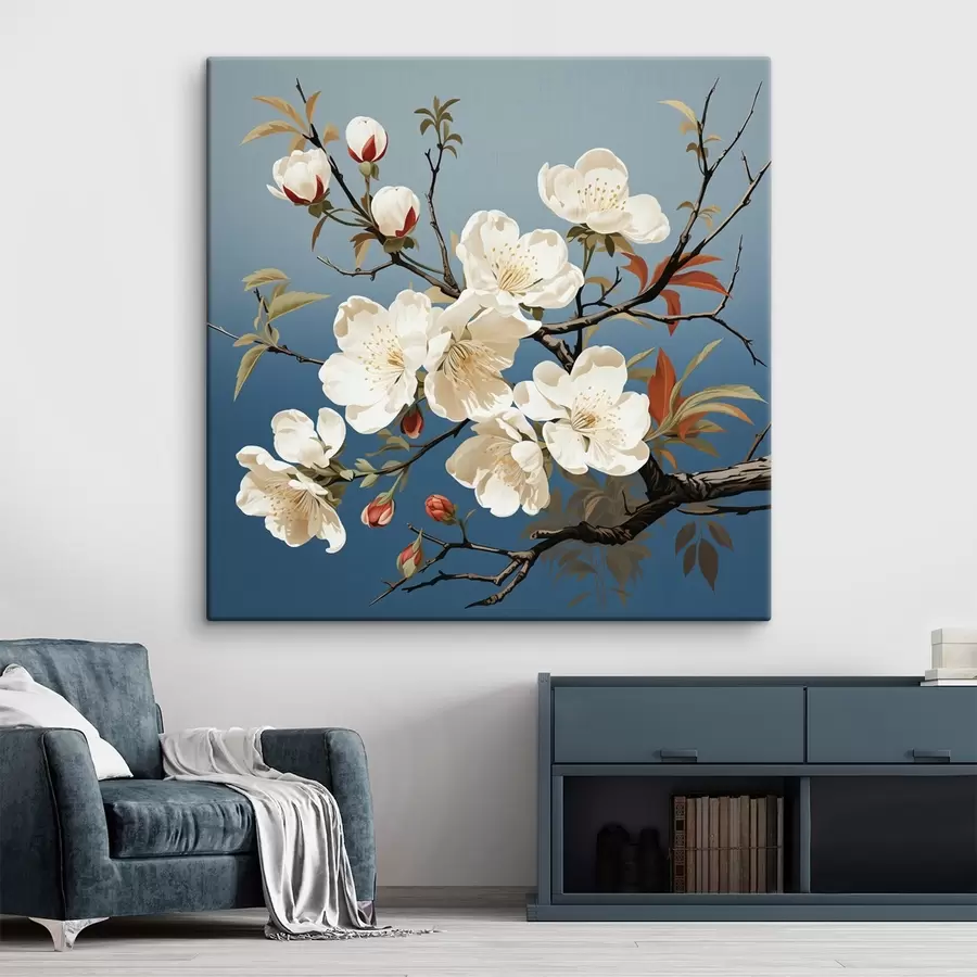  Peintures Branche de magnolia avec bourgeons rougeâtres sur fond bleu s44341