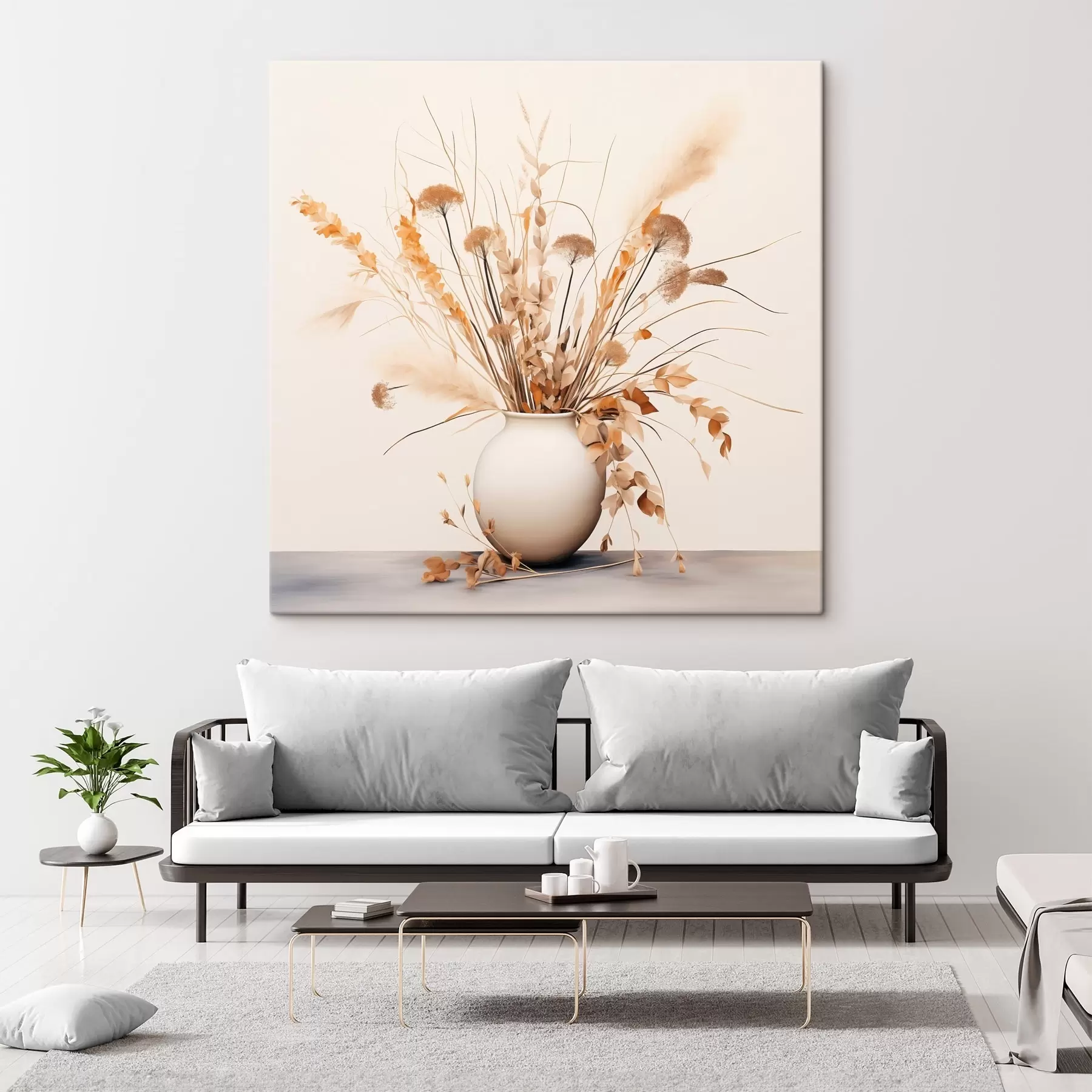  Peintures Arrangement d'herbes et de fleurs séchées dans un vase blanc s44348