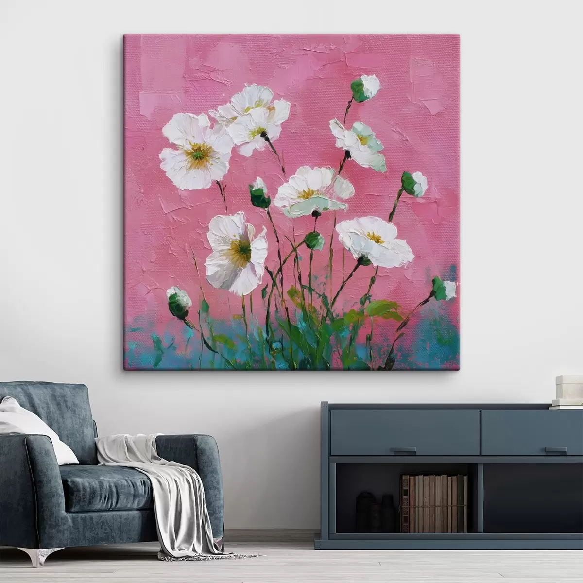  Peintures Fleurs blanches sur fond rose s44360