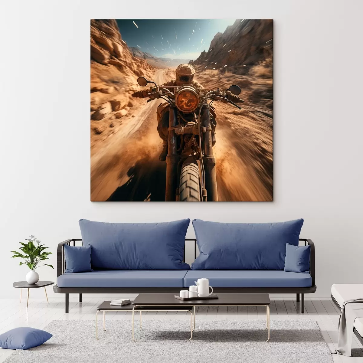  Peintures Motocycliste roulant à vive allure sur une route désertique s44361