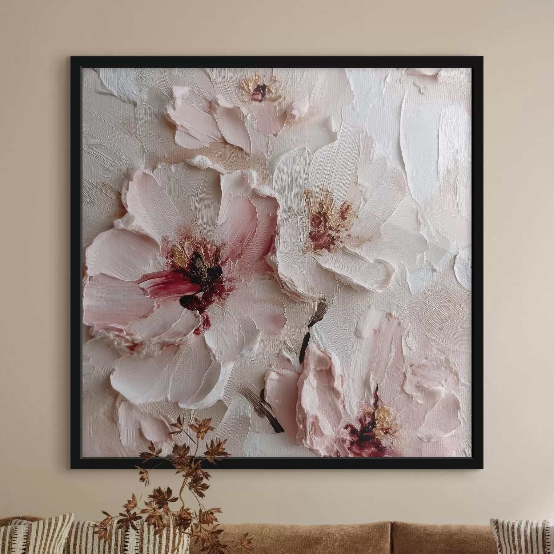 Papier peint photo Fleurs avec imitation de style impasto en traits roses et blancs f44333