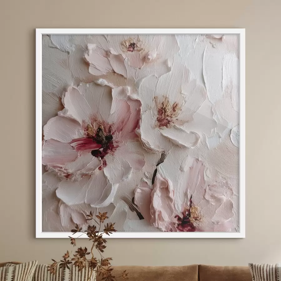 Papier peint photo Fleurs avec imitation de style impasto en traits roses et blancs f44333