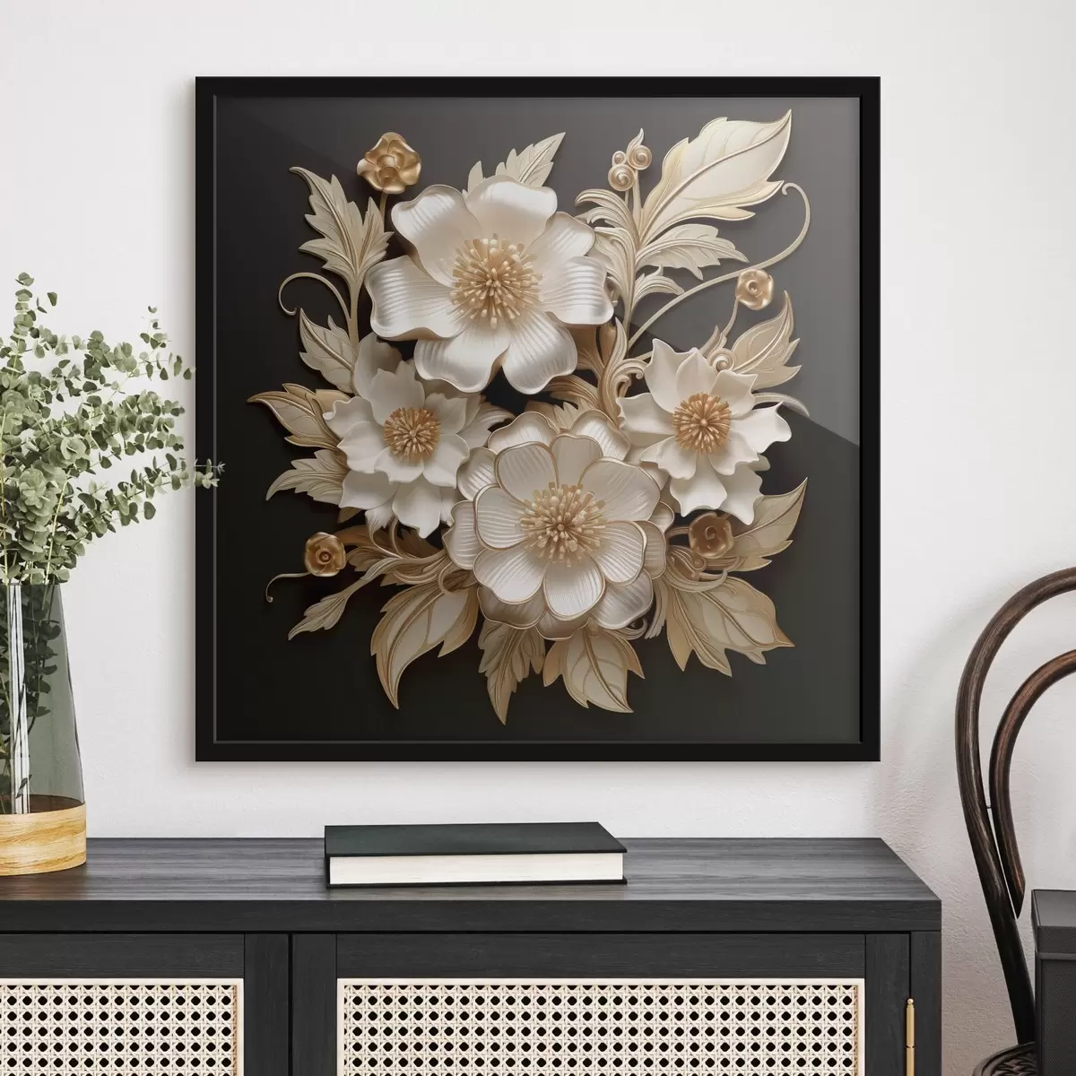 Poster Volumineuze witte bloemen op een zwarte achtergrond f44340