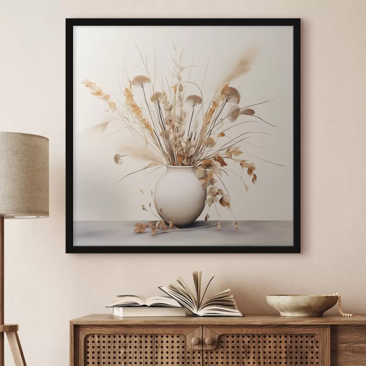 Poster Arrangement van gedroogde grassen en bloemen in een witte vaas f44348