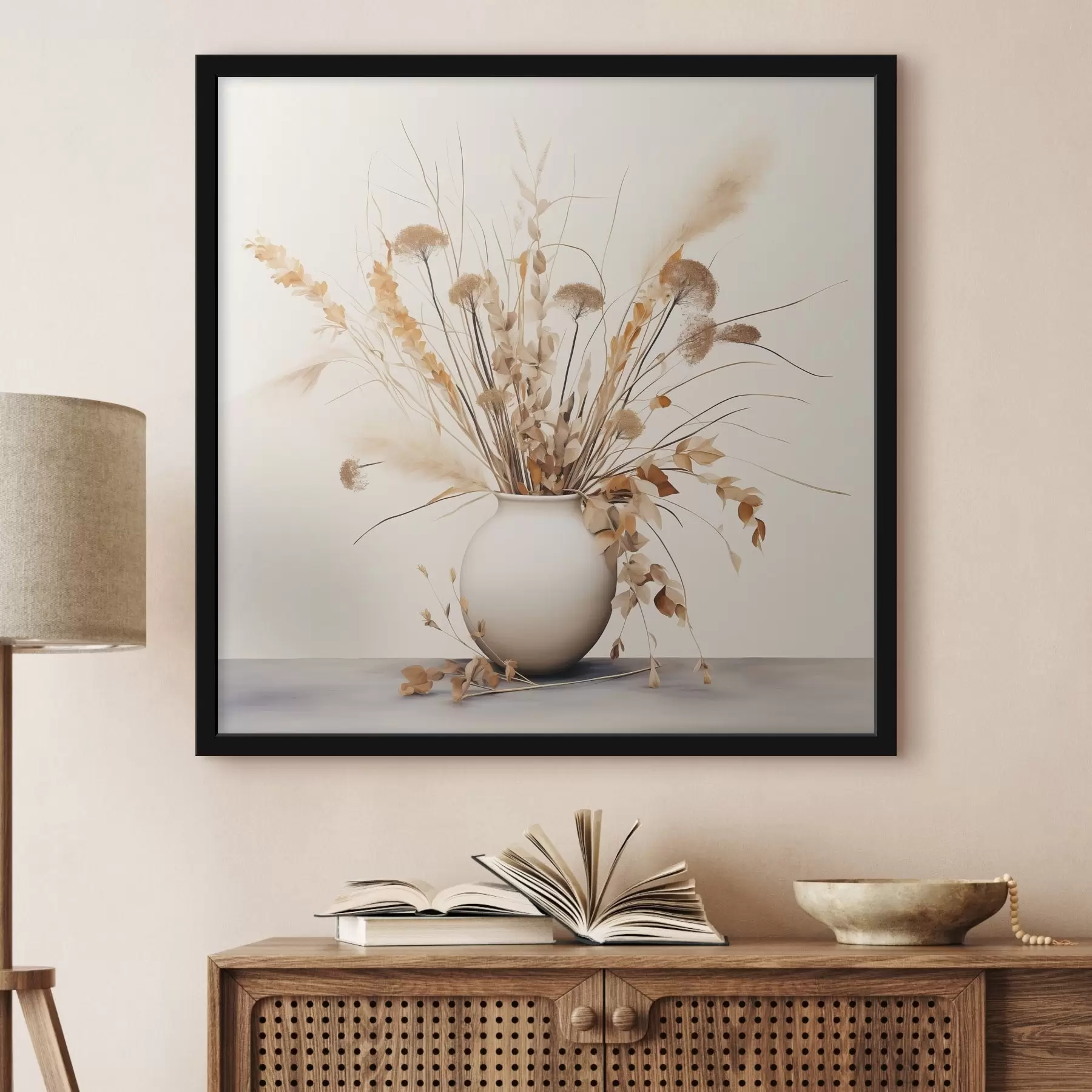 Papier peint photo Arrangement d'herbes et de fleurs séchées dans un vase blanc f44348