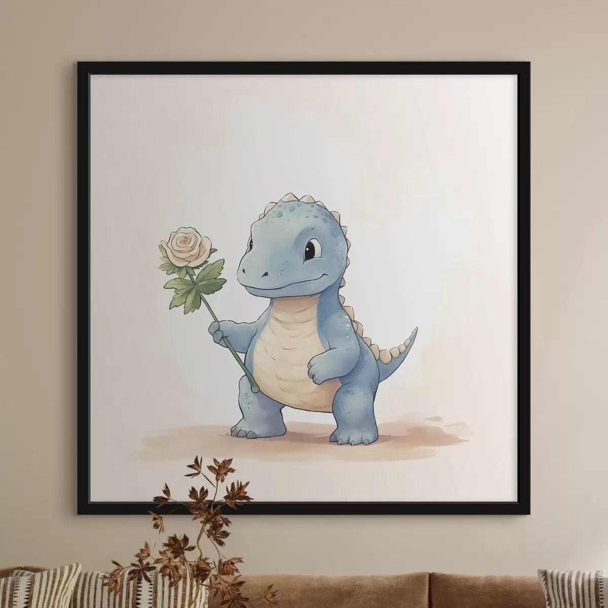 Poster Kleine dinosaurus en een tere bloem f44351