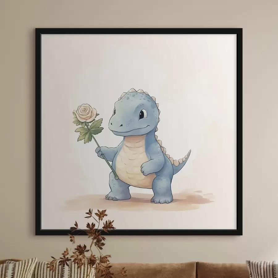Fotobehang Kleine dinosaurus en een tere bloem f44351
