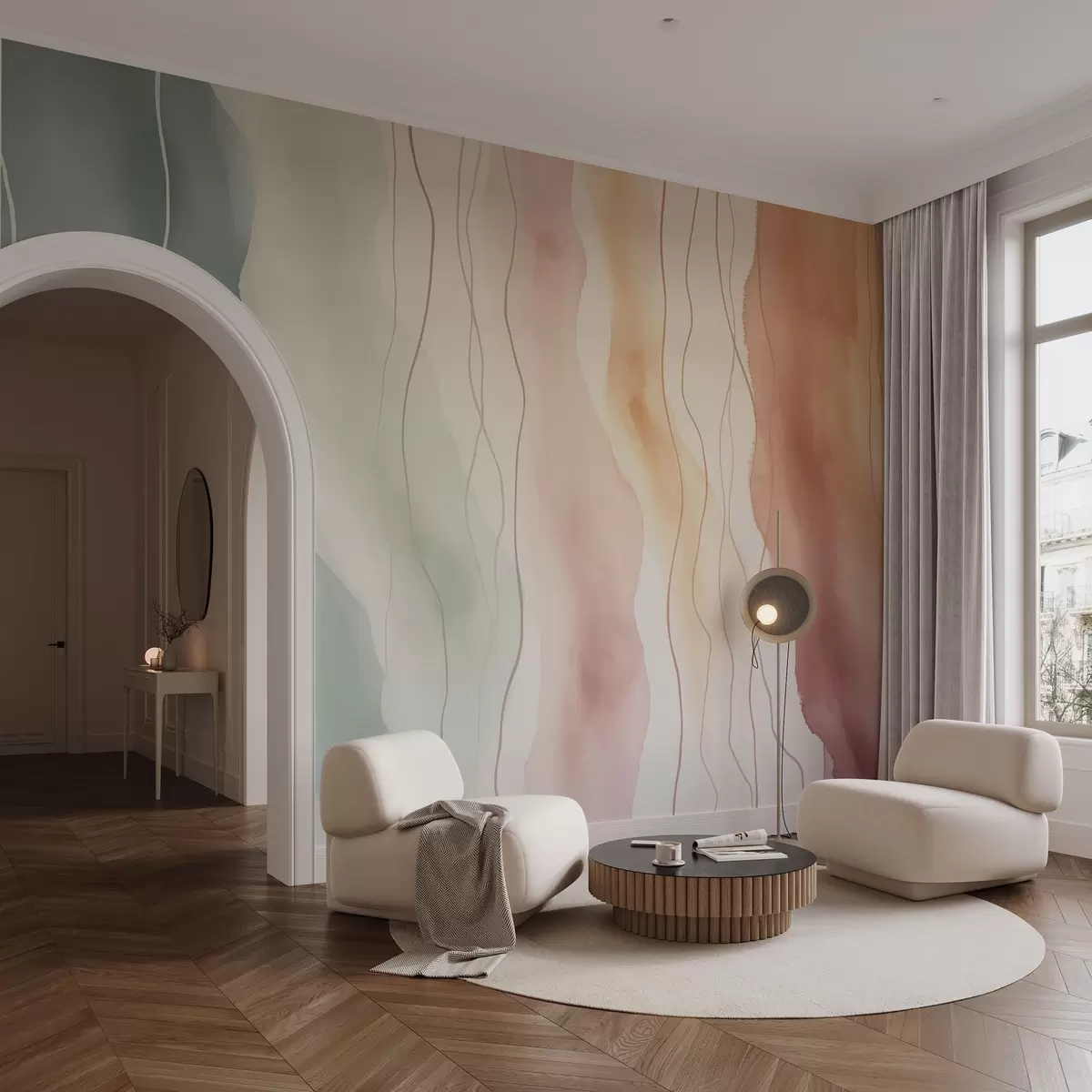 Fotobehang Abstracte aquarelgolven in warme en koele kleuren w03989